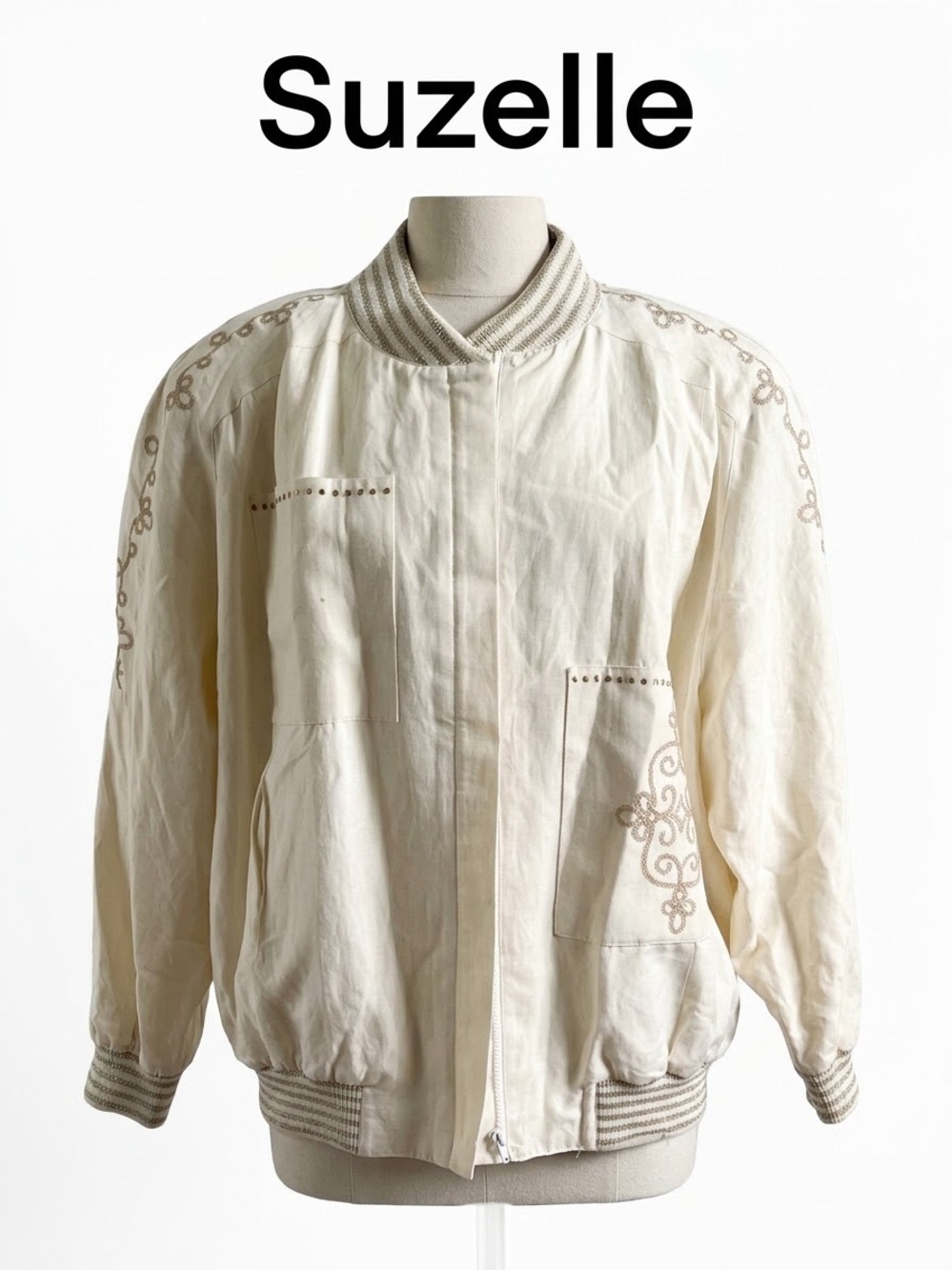 Vintage Suzelle Cream Embroidered Jacket with Contrast Ribbing Size L
